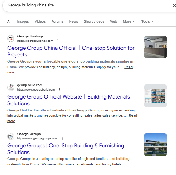 Google search results for Foshan building materials supplier showing multiple George-branded domains on the first page